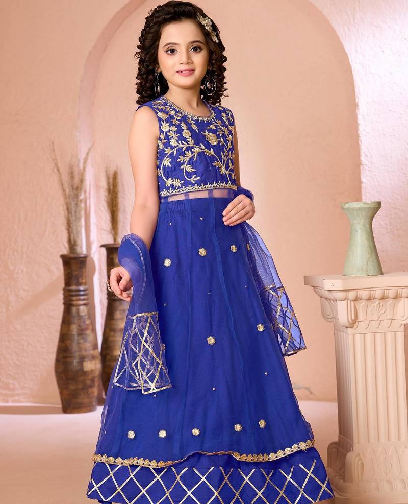 Royal blue embroidered net a line lehenga choli dupatta