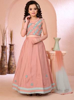 Pink embroidered cotton silk a line lehenga choli dupatta 1