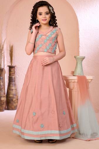Pink embroidered cotton silk a line lehenga choli dupatta