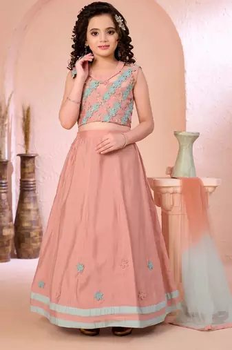 Pink embroidered cotton silk a line lehenga choli dupatta
