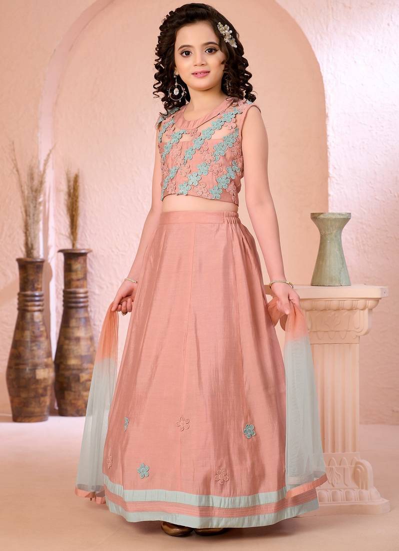 Pink embroidered cotton silk a line lehenga choli dupatta