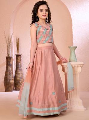 Pink embroidered cotton silk a line lehenga choli dupatta 3