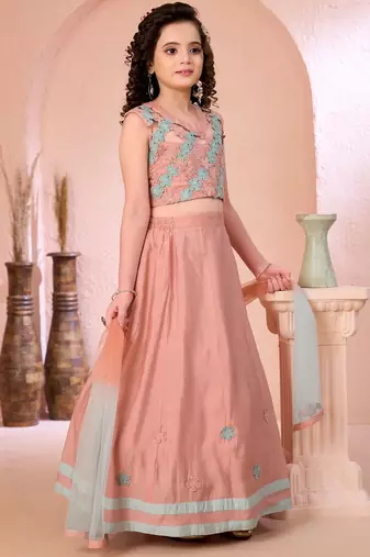 Pink embroidered cotton silk a line lehenga choli dupatta
