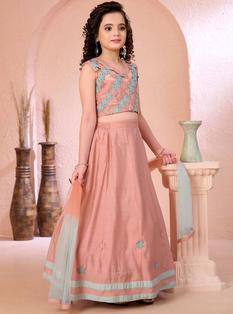 Pink embroidered cotton silk a line lehenga choli dupatta