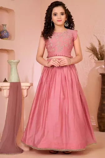 Pink embroidered cotton silk a line lehenga choli dupatta