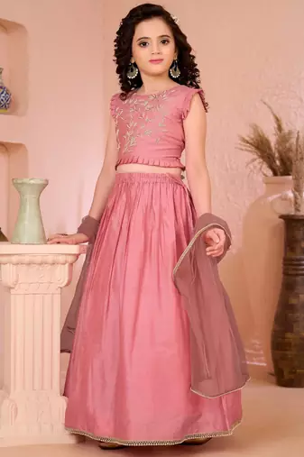 Pink embroidered cotton silk a line lehenga choli dupatta