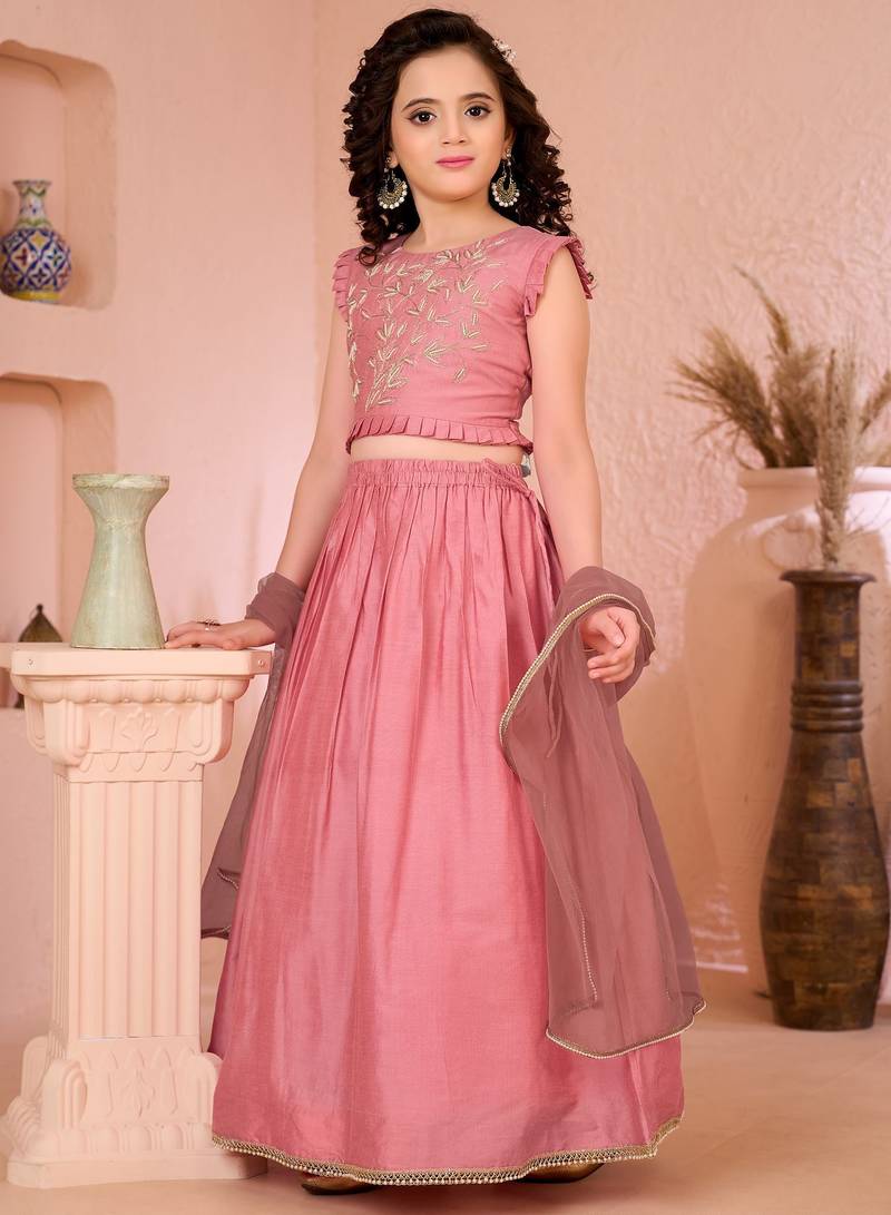 Pink embroidered cotton silk a line lehenga choli dupatta