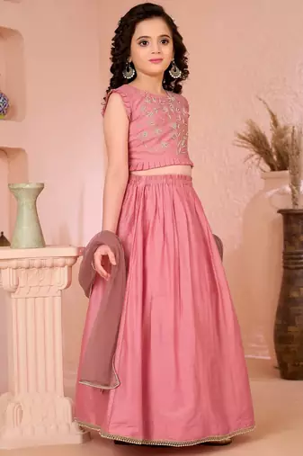 Pink embroidered cotton silk a line lehenga choli dupatta