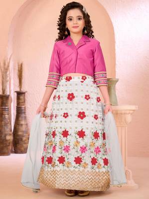 Pink embroidered cotton silk a line lehenga choli dupatta 1