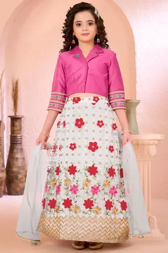Pink embroidered cotton silk a line lehenga choli dupatta