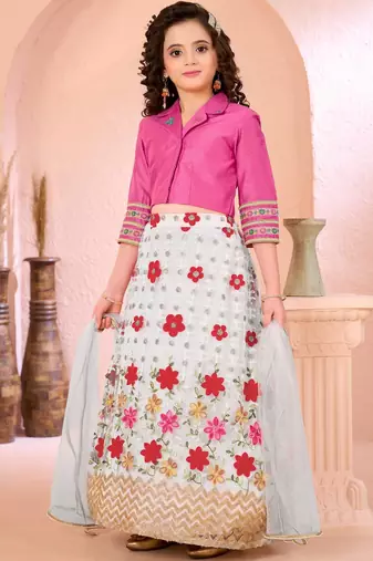 Pink embroidered cotton silk a line lehenga choli dupatta