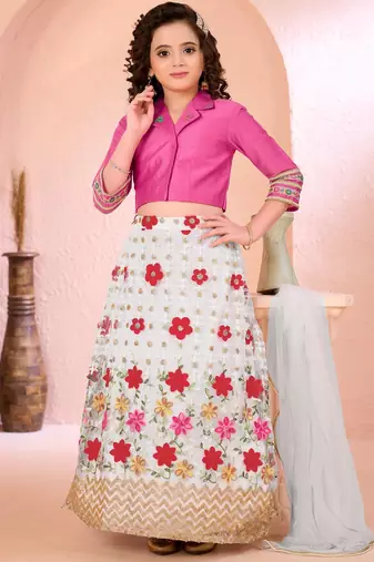Pink embroidered cotton silk a line lehenga choli dupatta