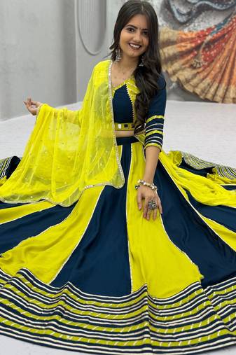 Yellow Hand Work Cotton Navratri Lahenga Choli Set