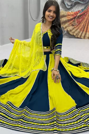 Yellow Hand Work Cotton Navratri Lahenga Choli Set