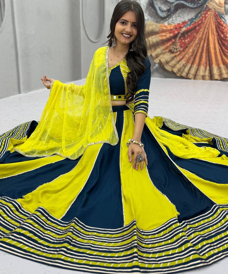 Yellow Hand Work Cotton Navratri Lahenga Choli Set