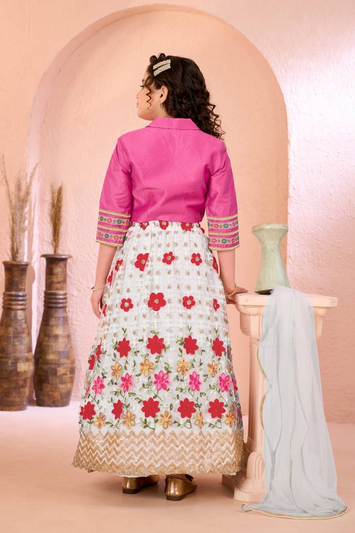 Pink embroidered cotton silk a line lehenga choli dupatta