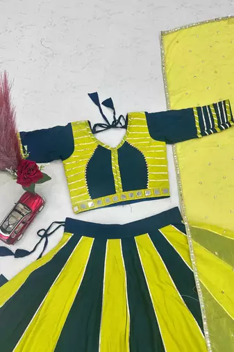 Yellow Hand Work Cotton Navratri Lahenga Choli Set