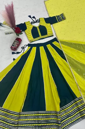 Yellow Hand Work Cotton Navratri Lahenga Choli Set