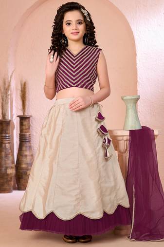 Dark purple embroidered cotton silk a line lehenga choli dupatta