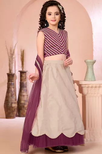 Dark purple embroidered cotton silk a line lehenga choli dupatta