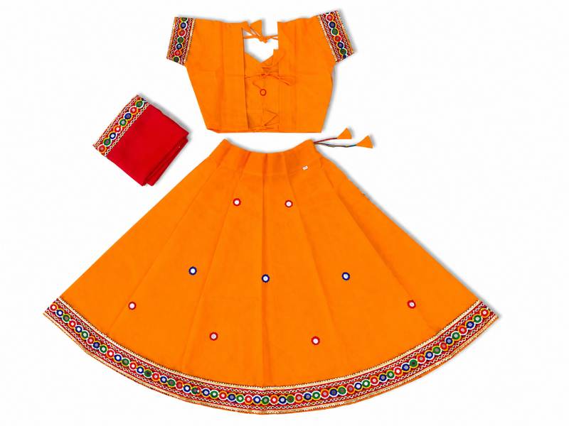 Yellow kutch work embroidered cotton mirrorwork chaniya choli set with dupatta