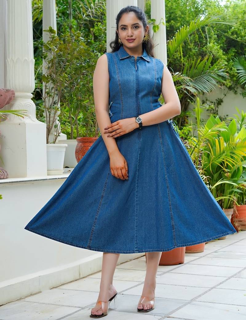 Denim side tie ups midi dress