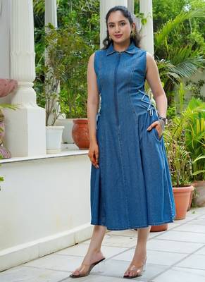 Denim side tie ups midi dress 3