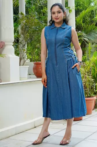 Denim side tie ups midi dress