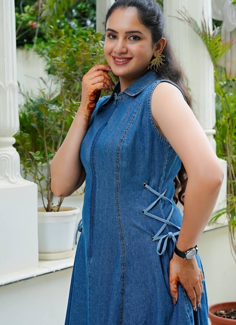 Denim side tie ups midi dress