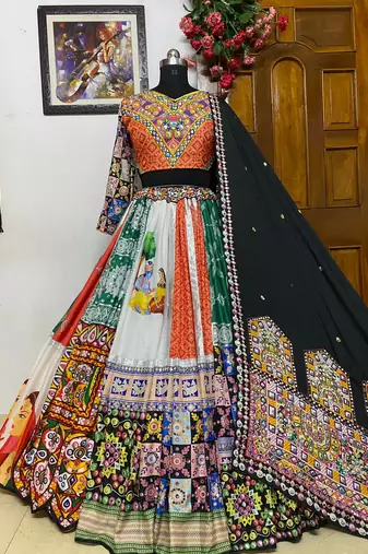 Multicolour Mirror Silk Navratri Lehnega Choli With Dupatta