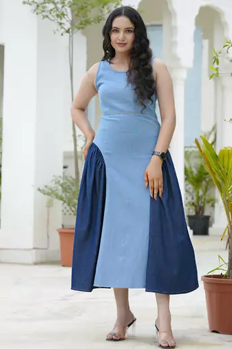 Two-tone denim midi dress