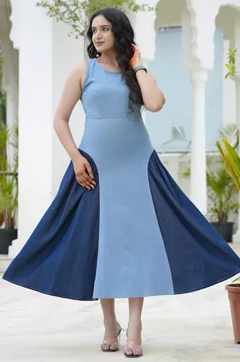 Two-tone denim midi dress