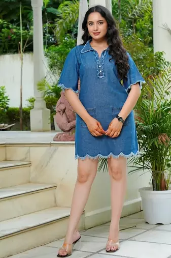 Frayed trim denim shift dress