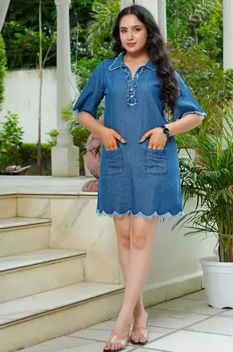 Frayed trim denim shift dress