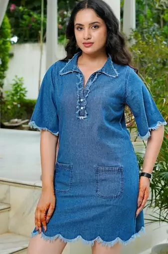 Frayed trim denim shift dress