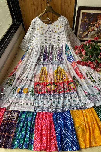White Colourful Muslin Cotton Navratri Lehenga Choli With Dupatta
