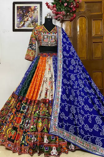 Multicolour Silk Navratri Lehnega Choli With Dupatta