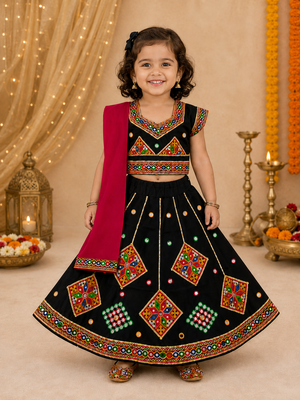 Black kutch work embroidered cotton mirrorwork chaniya choli set with dupatta 1