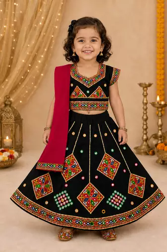 Black kutch work embroidered cotton mirrorwork chaniya choli set with dupatta