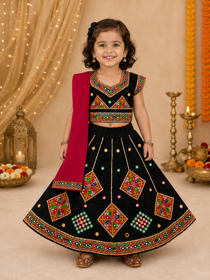 Black kutch work embroidered cotton mirrorwork chaniya choli set with dupatta