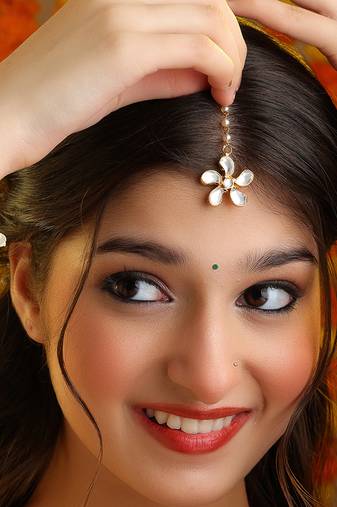 White pink beaded pearl drop maang tikka