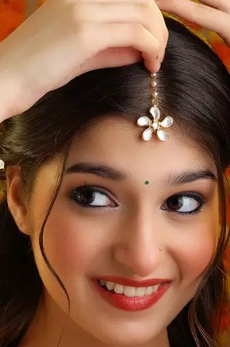 White pink beaded pearl drop maang tikka