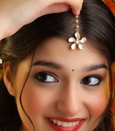 White pink beaded pearl drop maang tikka