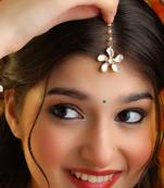 White pink beaded pearl drop maang tikka