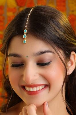 Turquoise blue pearl chain maang tikka 1