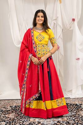 Red Embroidery and Miror Work Cotton Navratri Lehenga Choli set  1