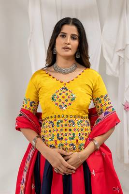 Red Embroidery and Miror Work Cotton Navratri Lehenga Choli set  2