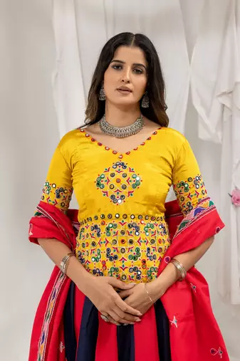 Red Embroidery and Miror Work Cotton Navratri Lehenga Choli set 