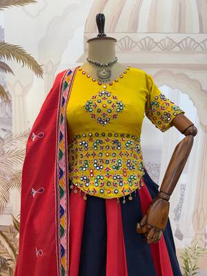 Red Embroidery and Miror Work Cotton Navratri Lehenga Choli set  3