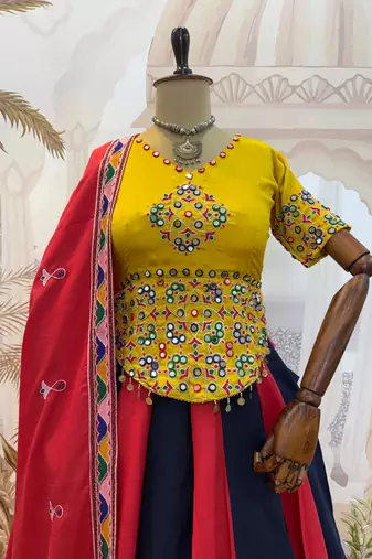 Red Embroidery and Miror Work Cotton Navratri Lehenga Choli set 